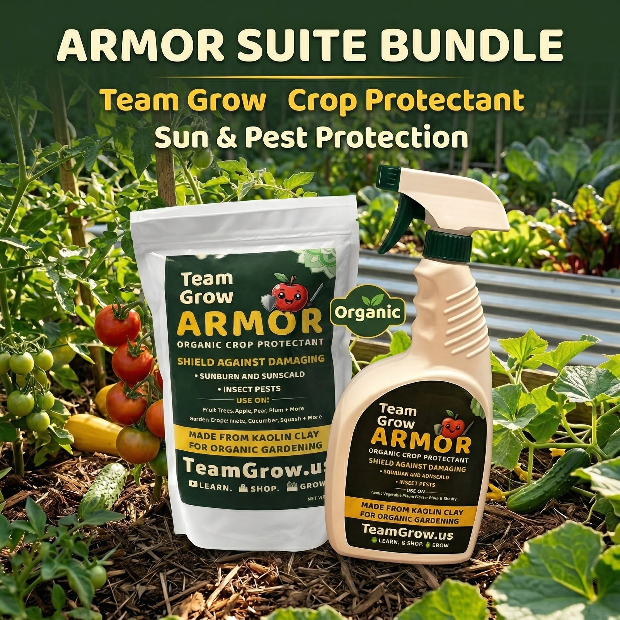 Team Grow Armor organic crop protectant bundle with spray bottle and packaging in a garden setting.