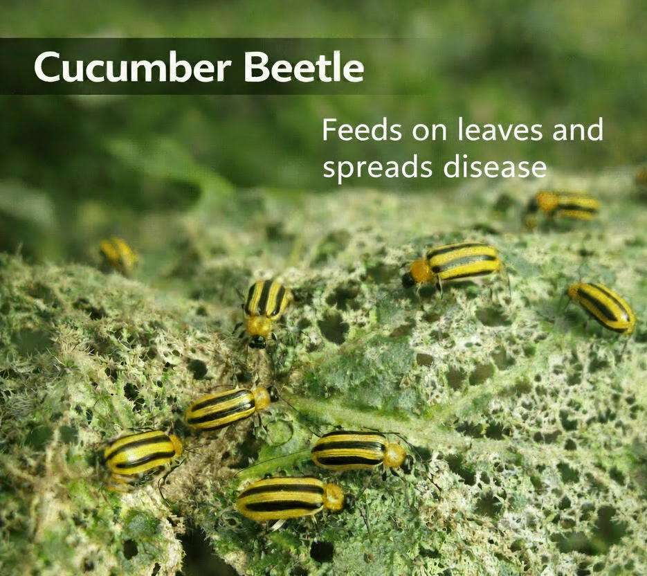 Cucumber beetles on a leaf with text about their feeding habits and disease spreading.