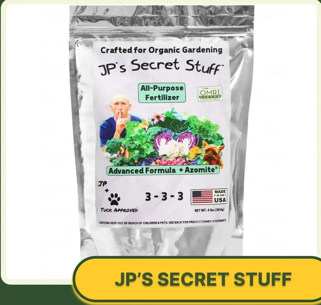 A bag of JP's Secret Stuff all-purpose organic fertilizer