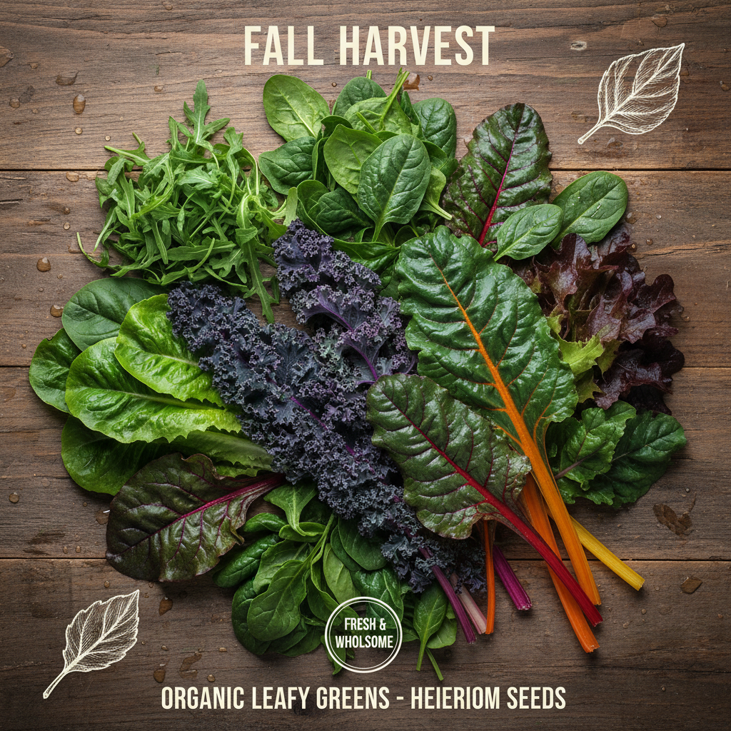 Fall Leafy Greens Seed Collection — arugula, spinach, kale, Swiss chard, lettuce