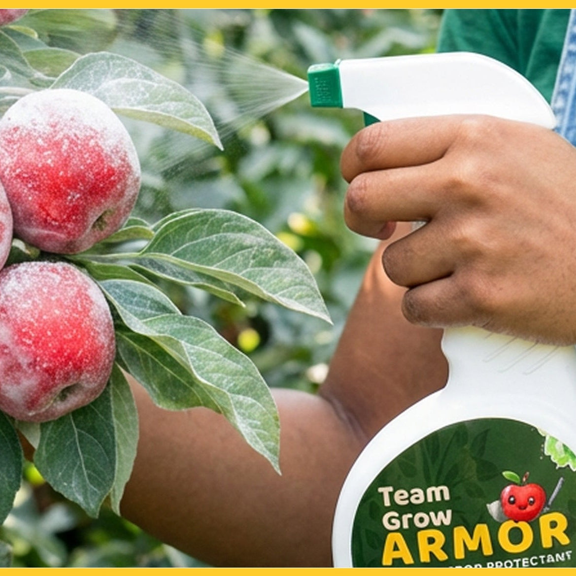 Person using a Grow Armor spray bottle on a tree with apples